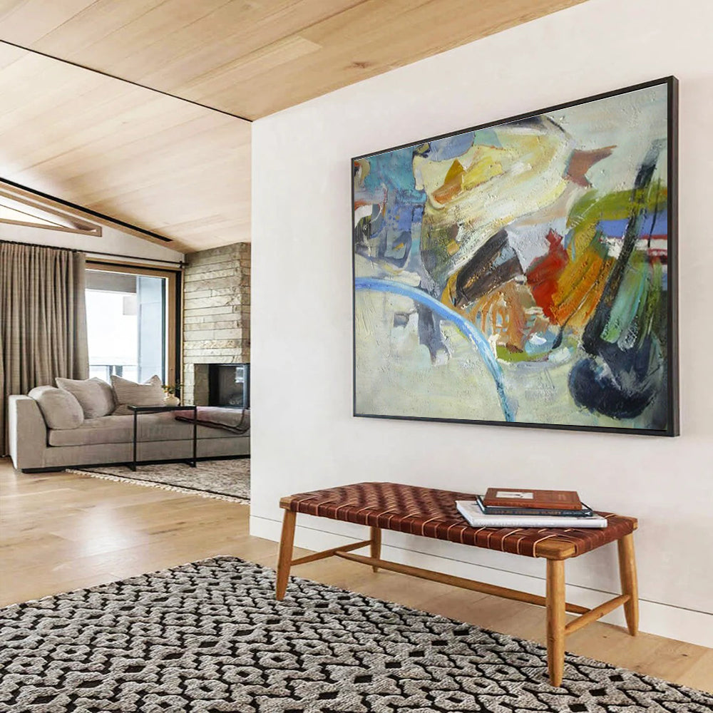 Big Hand-Painted Abstract Canvas, Serene Blue Tones for Bathroom Decor DLZ3229