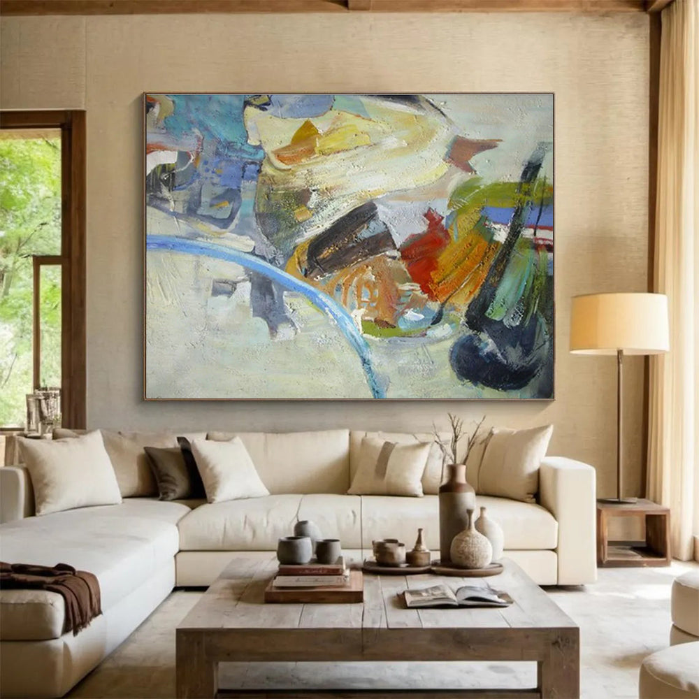 Big Hand-Painted Abstract Canvas, Serene Blue Tones for Bathroom Decor DLZ3229